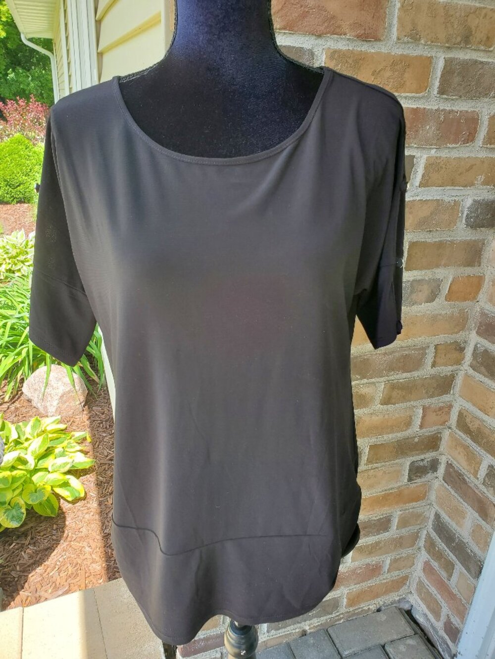Diana Belle Black Top with Button Tab Cutout Sleeve - Size M